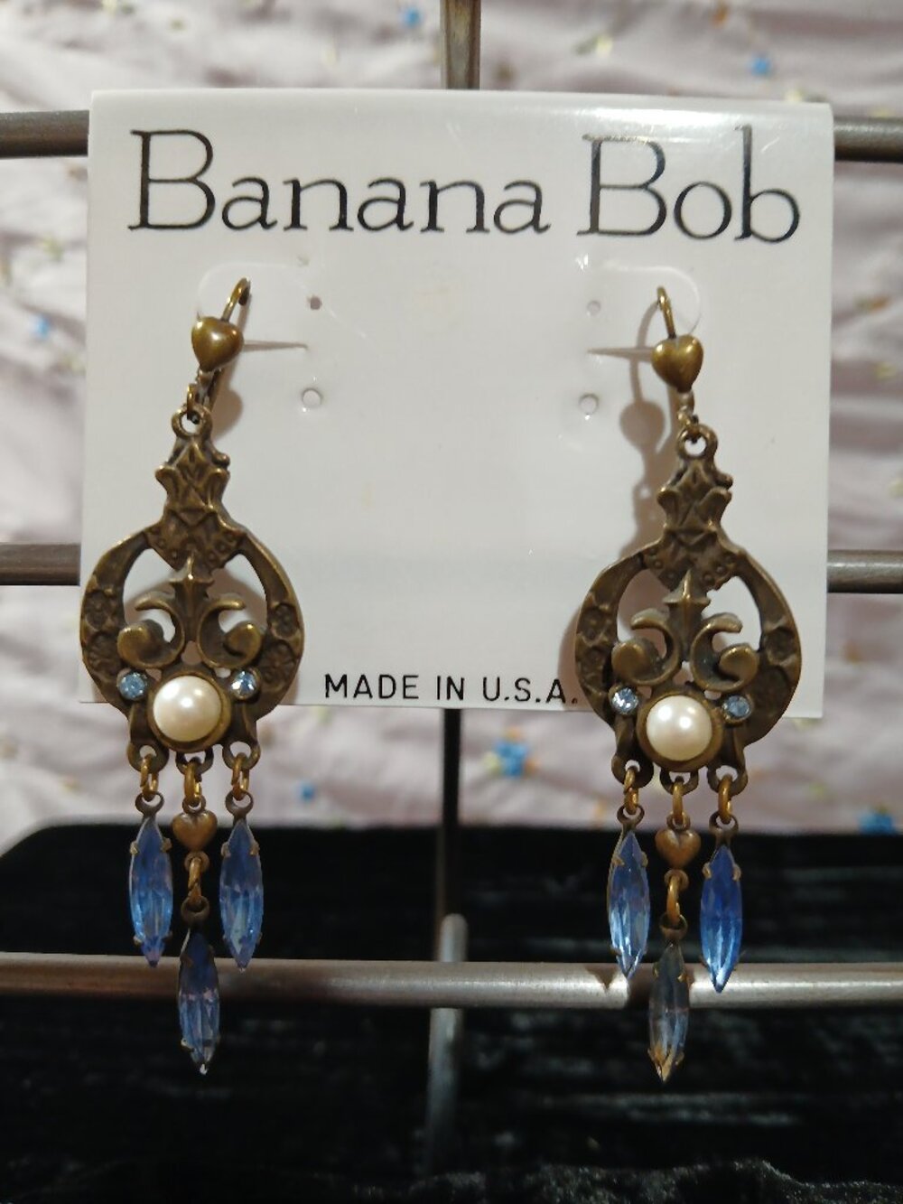 Banana Bob Pearl with blue crystal dangles wire clip backs